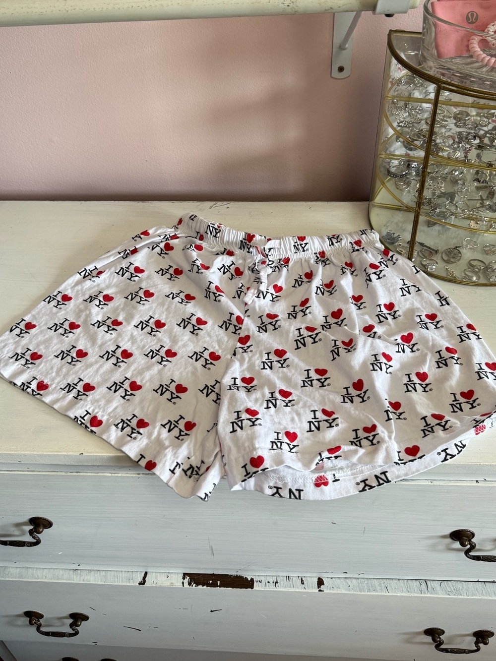 White Lounge Shorts with Red Heart 'I ♥ NY' Print